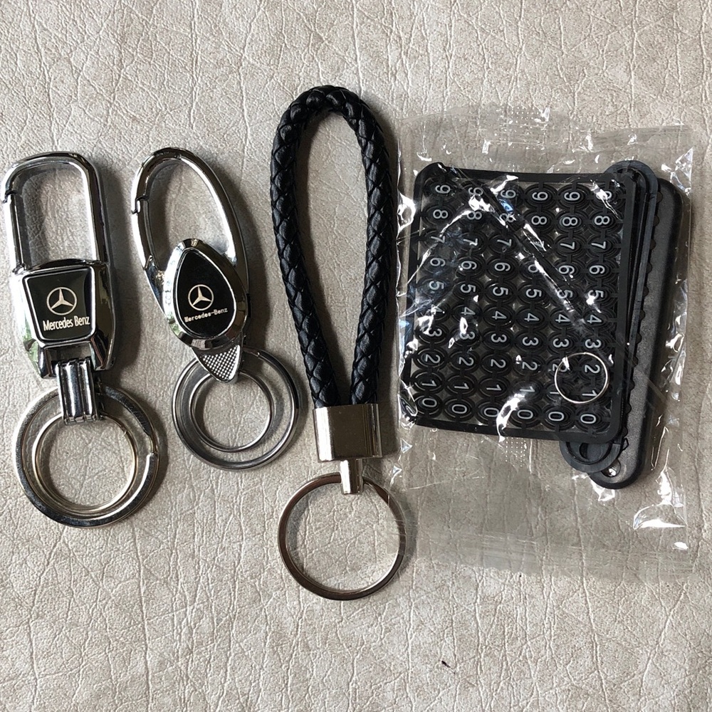 Mercedes-Benz 2 Metal Snap Swivel Keychains + Braided Keychain + Number Holder